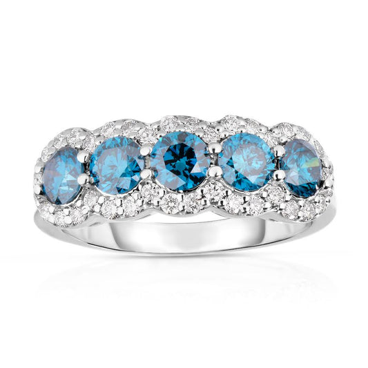 Maharaja Collection Fancy Diamond Band with Color Enhanced Center Stones and Round Diamonds in 14K White Gold (2.1ctw)