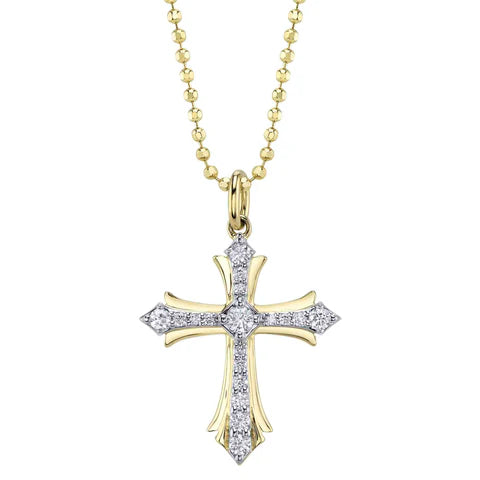 Maharaja Collection Diamond Cross Faceted Ball Chain Necklace in 14K Yellow Gold (0.23ctw)