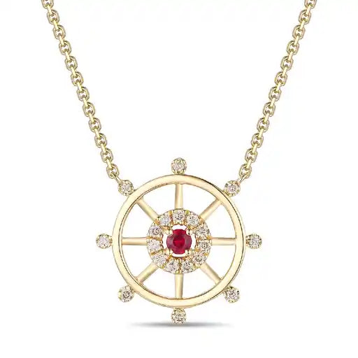 Maharaja Collection Round Ruby and Diamond Pendant Necklace in 14K Yellow Gold (0.17ctw)