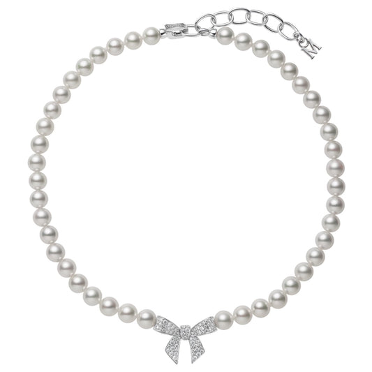 Maharaja Collection Akoya Cultured Pearl and Diamond Bow Charm Necklace in 18K White Gold (0.70ctw)