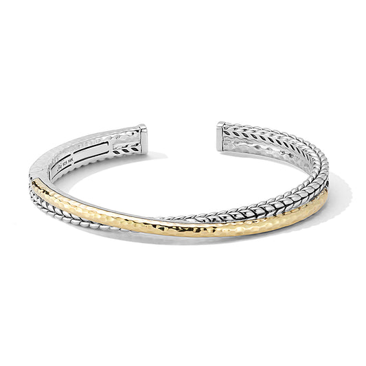 Maharaja Collection Sterling Silver & 14K Gold Crossover Hinged Cuff Bangle in Bright Polished Finish