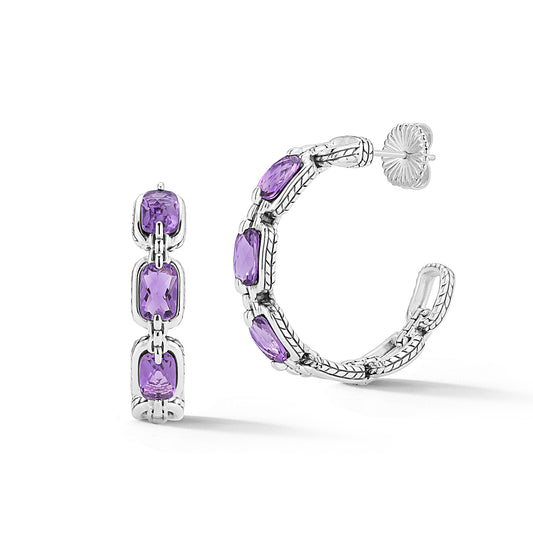 Maharaja Collection Cushion Amethyst Statement Link & Box Chain Hoop Earrings in Sterling Silver