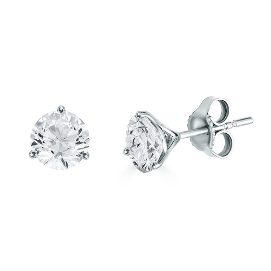 Maharaja Collection Round Diamond Three Prong Martini Stud Earrings in 14K White Gold (1.00ctw)