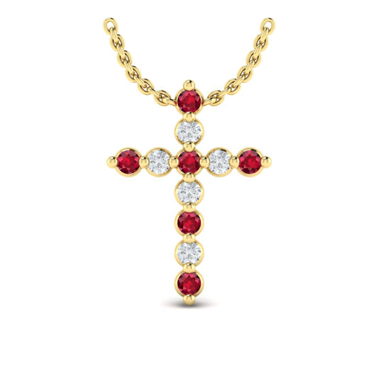 Maharaja Collection Round Diamond and Ruby Cross Pendant Necklace in 14K Yellow Gold (0.54ctw)