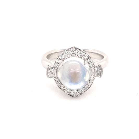 Maharaja Collection Halo Ring with Round Diamond and Round Moonstone in 18K White Gold (3.86ctw)