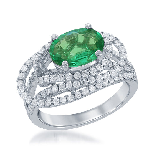 Maharaja Collection Emerald and Round Diamond Split Shank Ring in 18K White Gold (1.53ctw)