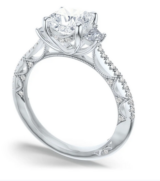 Maharaja Collection Oval and Cadillac Cut Diamond Three Stone Engagement Ring in 18K White Gold (0.80ctw)