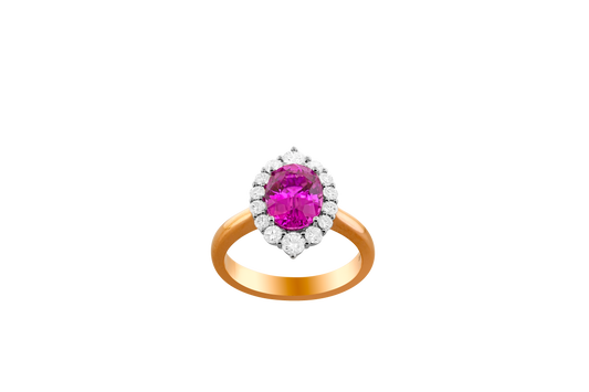 Maharaja Collection Round Diamond and Oval Pink Sapphire Halo Ring in Two-Tone 18K Gold (2.93ct)