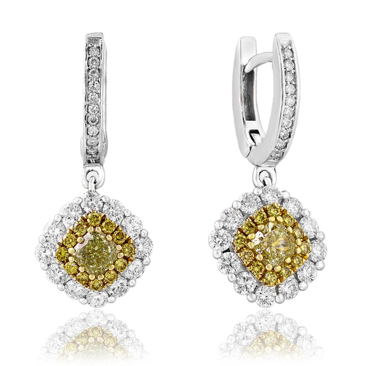 Maharaja Collection Round and Pear Shape Fashion Yellow Diamond Halo Earrings in 18K Mixed Gold (0.62ct FYD, 0.18ctw Yellow Diamonds, 0.79ctw Diamonds)