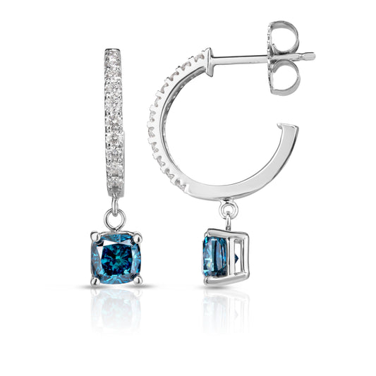 Maharaja Collection Fancy Color Earrings with Round Diamond and Side Stones in 14K White Gold (2.20ctw)