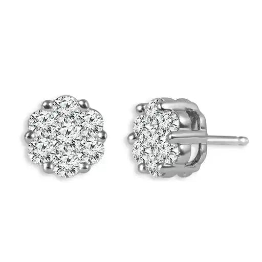 Maharaja Collection Round Diamond Flower Stud Earrings in 14K White Gold (1.00ctw)