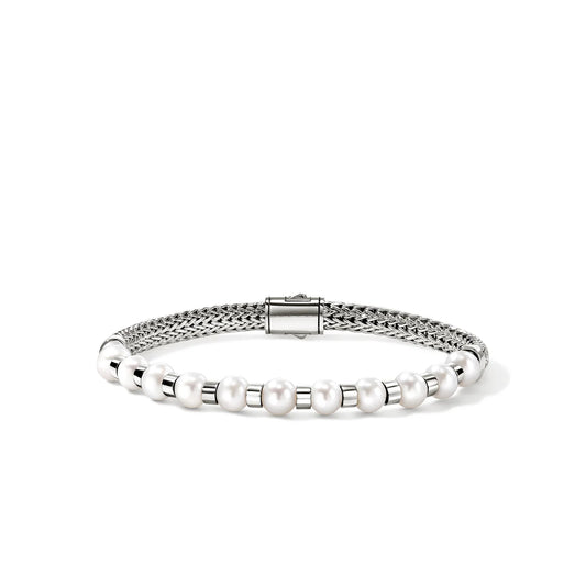 Essentials Silver 5mm Extra Small Chain Bracelet with Cultured Fresh Water Pearl Pusher Clasp, Size UM