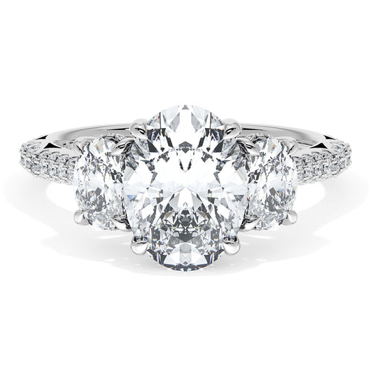 Maharaja Collection Oval Diamond Three Stone Semi-Mount Engagement Ring in 18K White Gold (1.19ct)