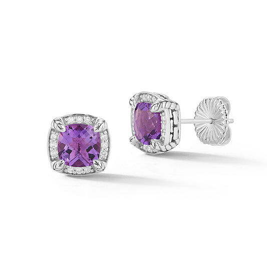 Maharaja Collection Square Amethyst and Diamond Stud Earrings in Sterling Silver (0.10ct)