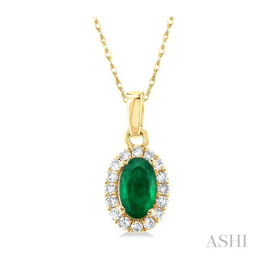 Maharaja Collection Oval Emerald and Round Diamond Pendant in 14K Yellow Gold (0.15ct)