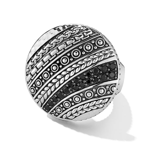 Maharaja Collection Black Spinel Gemstone Disk Ring in Sterling Silver (Size 7)