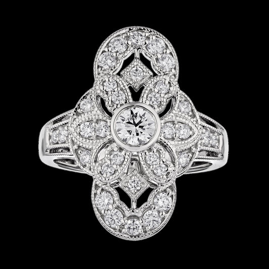 Maharaja Collection Elongated Filigree Art Deco Ring with 1ct Diamond in 14K White Gold (1.00tdw)