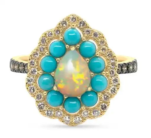Maharaja Collection Opal, Turquoise and Diamond Fashion Ring in 14K Yellow Gold (1.52ctw)