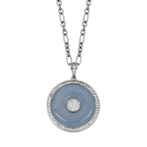 Maharaja Collection Blue Lace Agate and White Topaz Ring Cable Chain Necklace in Sterling Silver (1.2tcw)