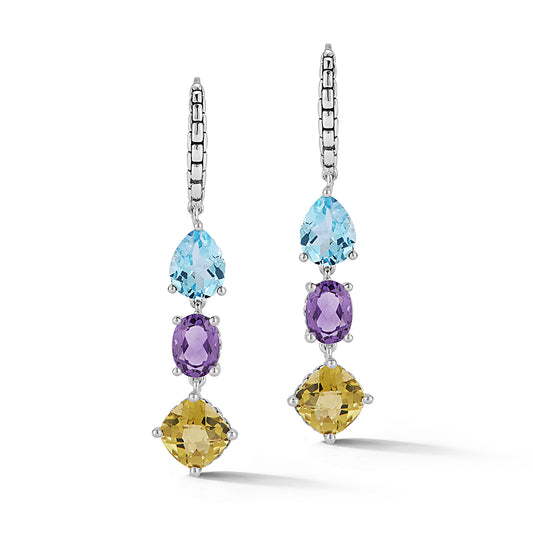 Maharaja Collection Multi Gemstone Dangle Earrings with Amethyst, Sky Blue Topaz and Olive Quartz in Sterling Silver