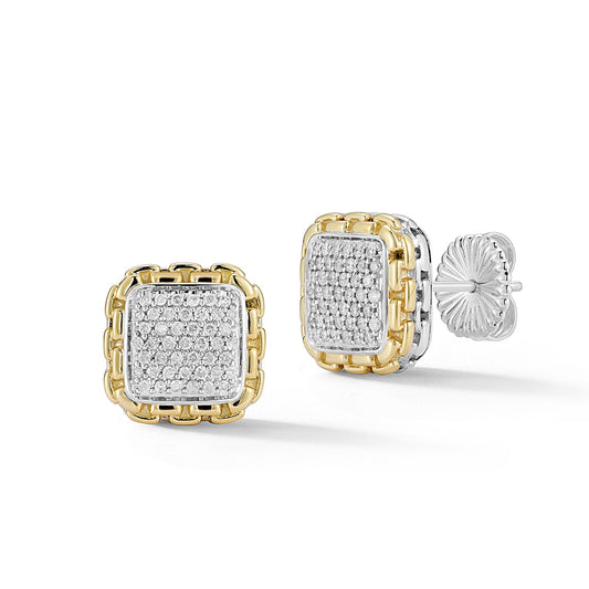 Maharaja Collection Square Pave Diamond Stud Earrings in Sterling Silver and 14K Gold (0.40ct)