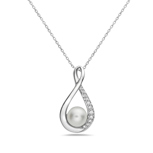 Maharaja Collection Round Diamond and Fresh Water Pearl Pendant Necklace in 14K White Gold (0.10ctw)