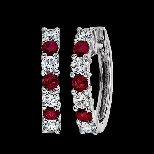 Maharaja Collection Round Diamond and Ruby Huggie Earrings in 14K White Gold (0.50tcw)