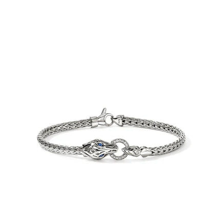 Silver Diamond Pave and Blue Sapphire Eyes Slim Chain Bracelet with Lobster Clasp (0.04ctw)