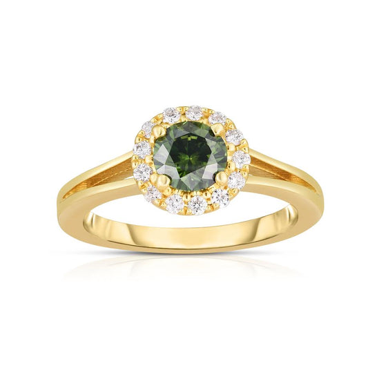 Maharaja Collection Single Halo Green Diamond Split Shank Ring in 14K Yellow Gold (2.80ctw)
