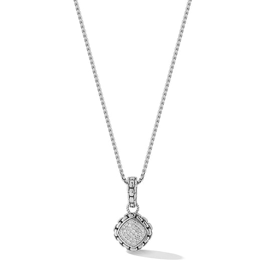 Maharaja Collection Cushion Box Chain Pattern Pave Diamond Square Pendant Necklace in Sterling Silver (0.23ct)