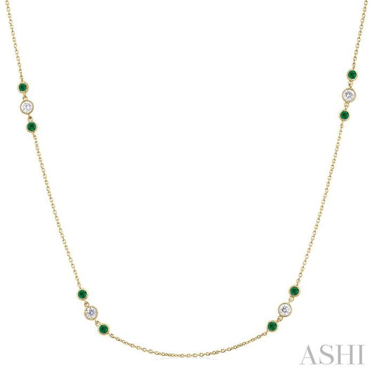 Maharaja Collection Emerald and Round Cut Diamond Station Necklace in 14K Yellow Gold (0.5ctw)