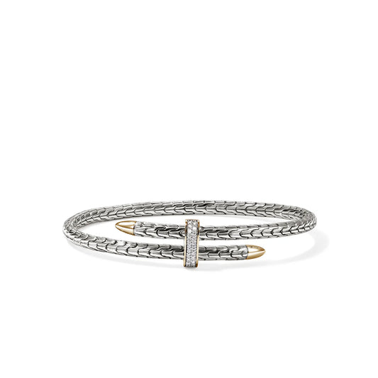Spear Diamond Pave Bypass 4mm Flex Cuff, Size M in 14Kt Yellow Gold and Silver (0.16ctw)