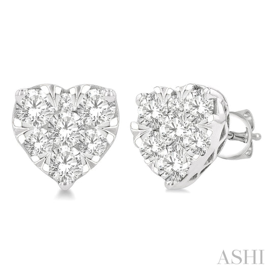 Maharaja Collection Heart Shape Diamond Stud Earrings in 14K White Gold (1ctw)
