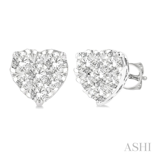 Maharaja Collection Heart Shape Diamond Stud Earrings in 14K White Gold (0.75tcw)
