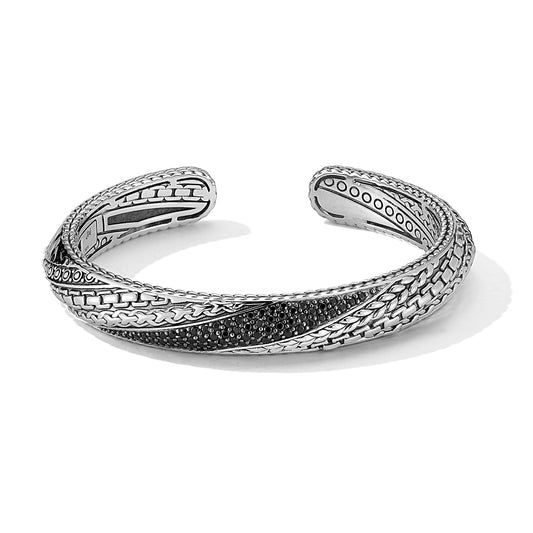 Maharaja Collection Black Spinel Cuff Bangle in Sterling Silver (10mm)