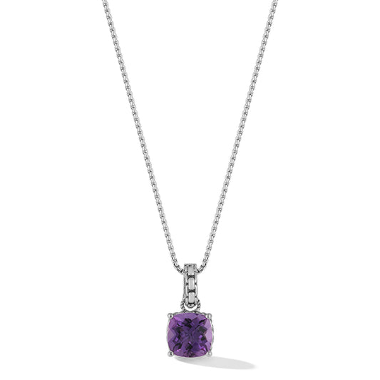 Maharaja Collection Amethyst Box Chain Pendant Necklace in Sterling Silver (1.6mm)