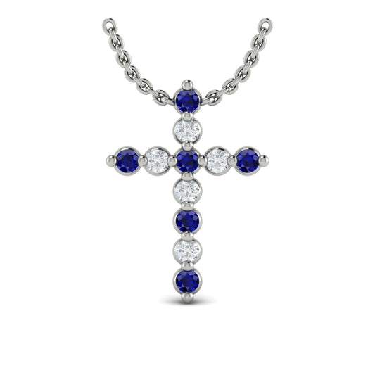 Maharaja Collection Diamond and Sapphire Cross Pendant Necklace in 14K White Gold (0.48ct)
