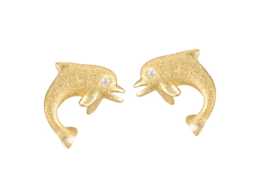Maharaja Collection Jumping Single Dolphin Stud Earrings in 14K White Gold (0.01ct)