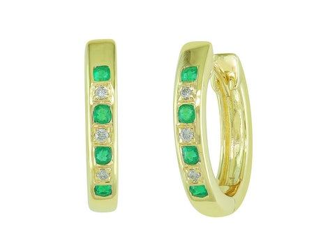 Maharaja Collection Round Emerald and Diamond Huggie Earrings in 14K Yellow Gold (0.16ctw)
