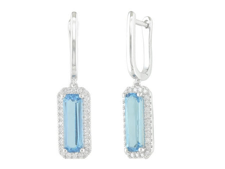 Maharaja Collection Baguette Blue Topaz and Round Diamond Dangle Earrings in 14K White Gold (3.64ctw)
