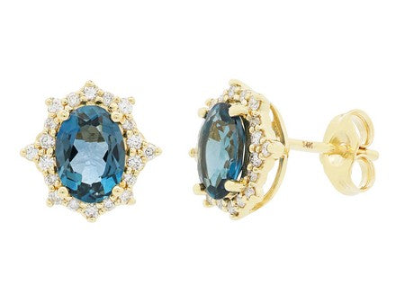 Maharaja Collection Oval Blue Topaz and Round Diamond Earrings in 14K Yellow Gold (1.98ctw)