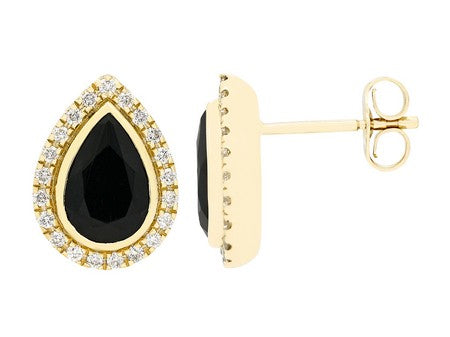Maharaja Collection Pear Shape Black Agate and Diamond Halo Earrings in 14K Yellow Gold (0.3ct)