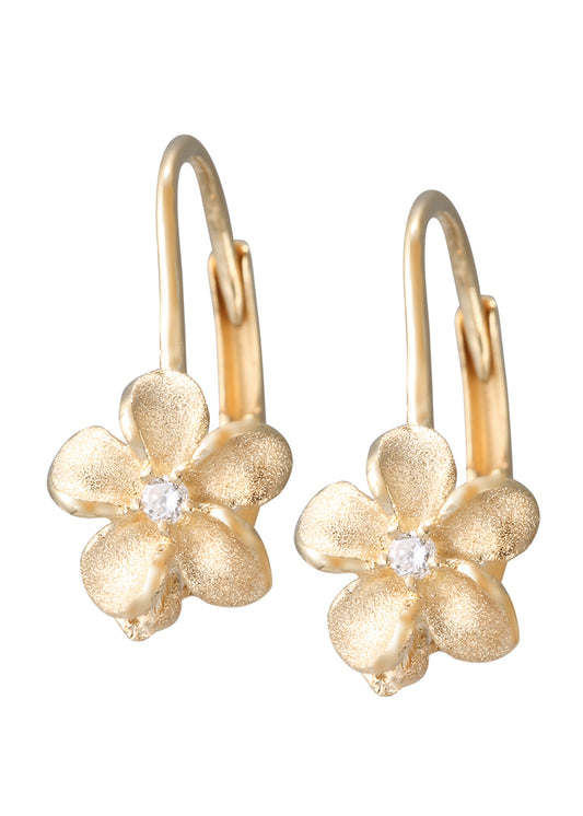 Maharaja Collection Plumeria Earrings with Sandblast Finish in 14K Yellow Gold (0.04ct)