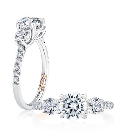 Maharaja Collection Three Stone Trellis Diamond Engagement Ring with Pave Diamond Band (2.15ctw) in 14K White Gold (0.65ctw)