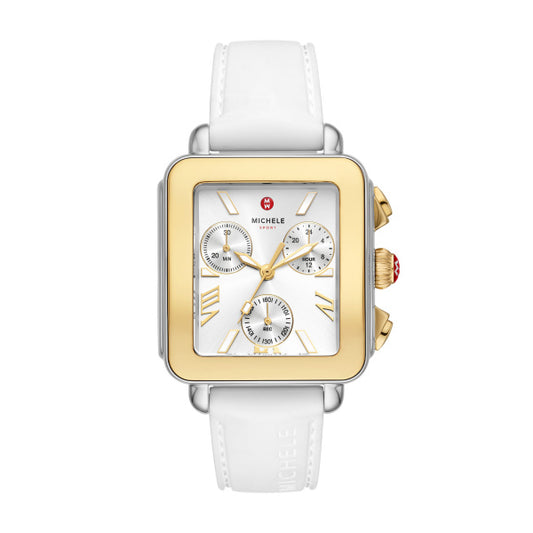 Michele Deco Sport Chronograph Gold-Plated White Silicone Watch in Gold Plated Stainless Steel