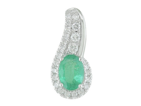 Maharaja Collection Oval Emerald and Round Diamond Pendant Necklace in 14K White Gold (0.96ctw)