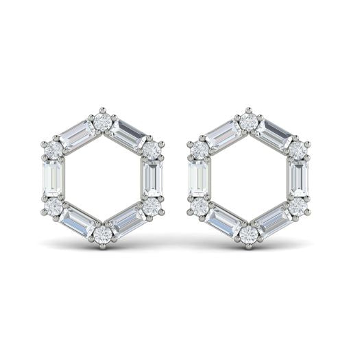 Maharaja Collection Baguette Diamond Open Honeycomb Stud Earrings in 14K White Gold (1.03tdw)