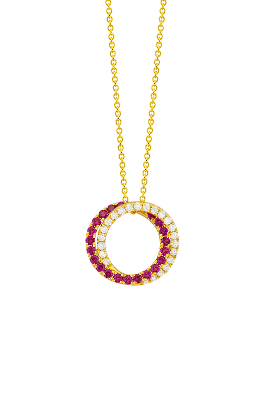 Maharaja Collection Round Diamond and Round Ruby Circle Pendant in 18K Yellow Gold (0.89ctw)
