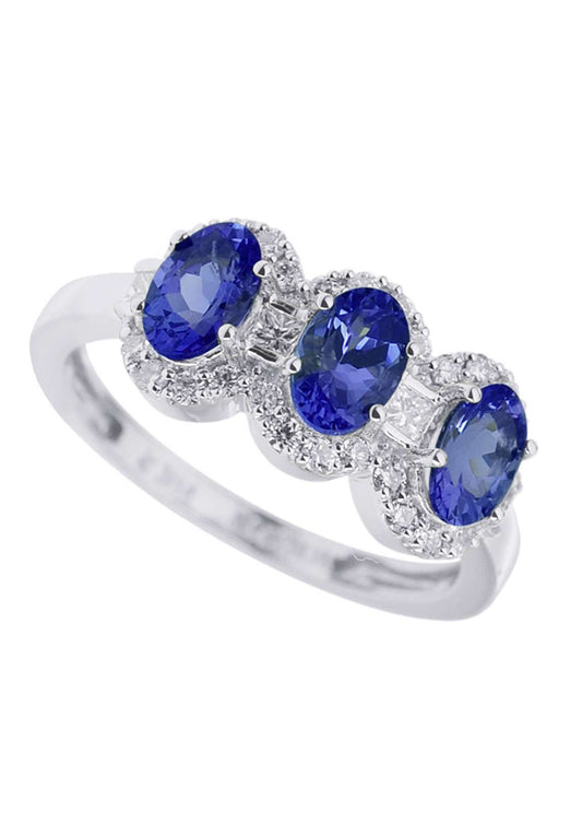 Maharaja Collection Three Stone Oval Sapphire and Diamond Ring (2.25ct) in 14K White Gold (2.25tcw)