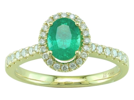 Maharaja Collection Halo Ring with Round Diamonds and Oval Emeralds in 14K Yellow Gold (1.15ctw)